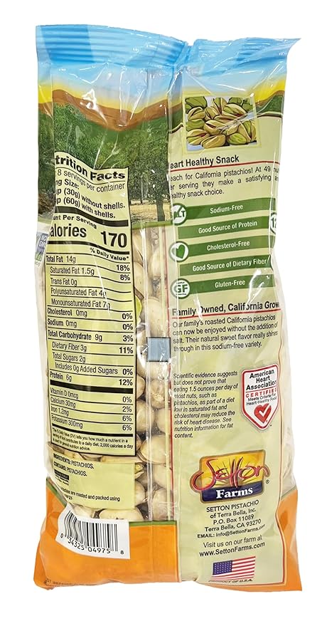 Setton Farms Dry Roasted and Unsalted Pistachios, Premium California In Shell Pistachios No Salt, 1