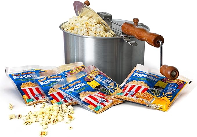 Original Whirley Pop Popcorn Maker - 6 Quart Stovetop Popcorn Popper With Four Popping Kits