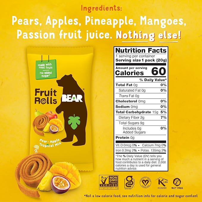 BEAR Real Fruit Snack Rolls - Gluten Free, Vegan, and Non-GMO - Tropical ??36 Rolls, Healthy School