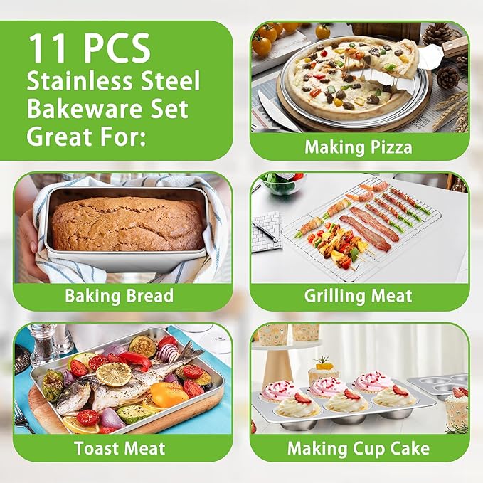 Bakeware Sets of 11, P&P CHEF Stainless Steel Baking Pans Set, Includes Baking Sheets and Rack
