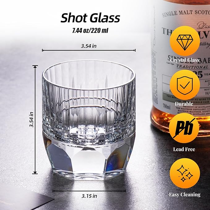 KAMMAK Crystal Whiskey Glasses Set of 2, 7.44oz Old Fashioned Glasses Stemless, Luxury Hand Blown