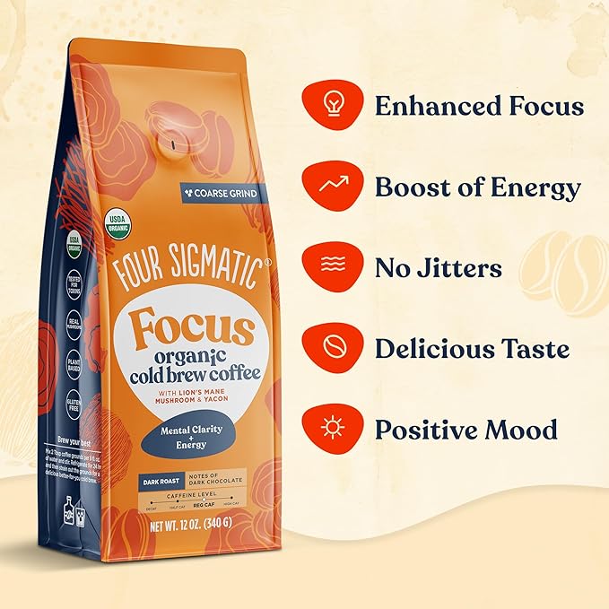 Four Sigmatic Organic Cold Brew Coffee Grounds | Dark Roast, Coarse Grounds with Lion's Mane and