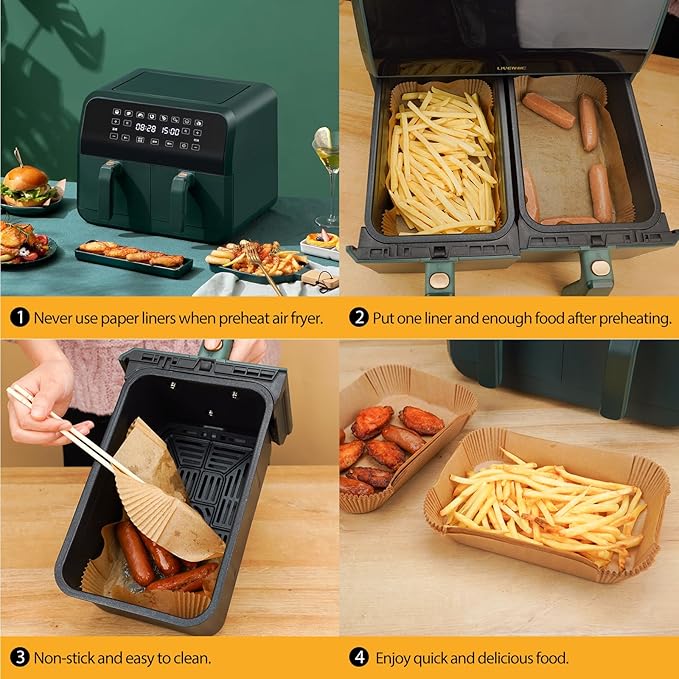 Vailnd Air Fryer Liners Disposable for Dual Basket, 100Pcs 8x5.5 Inch Rectangle Air Fryer Paper
