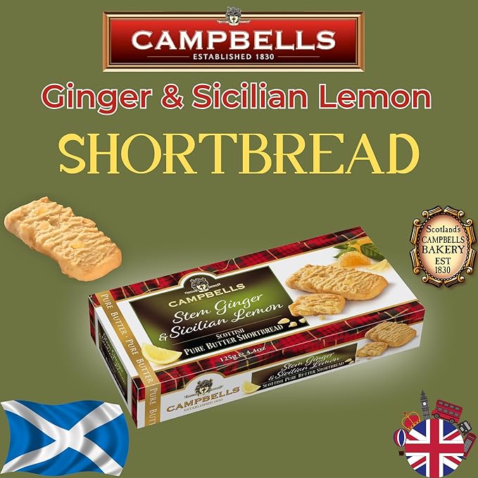 Campbells Shortbread with Stem Ginger & Sicilian Lemon 4.41 Oz (Pack of 3) - Pure Butter Scottish