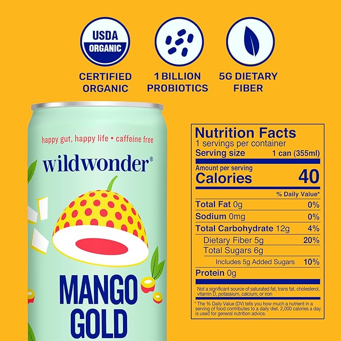 wildwonder Sparkling Probiotic Drink 12pk, For Gut Health & Immune Support, Mango Gold, 5g