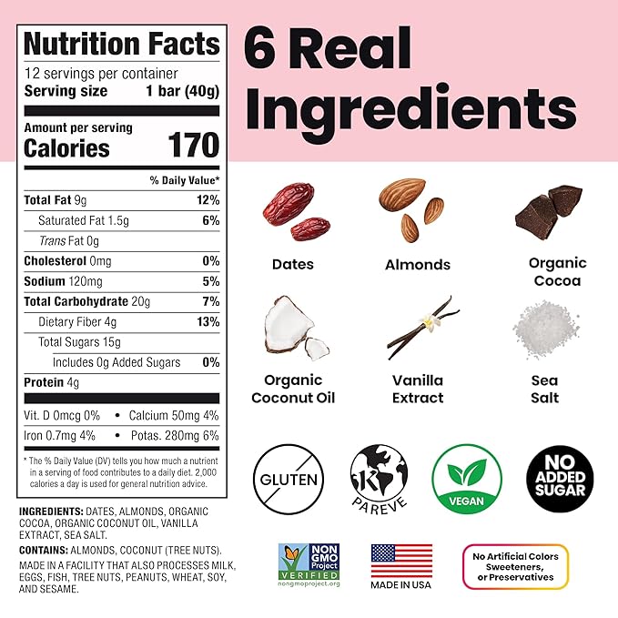 Bahamii Chocolate Almond Nut & Date Bars, 12 Pack, Gluten Free & 0g Added Sugar Low Calorie Snacks