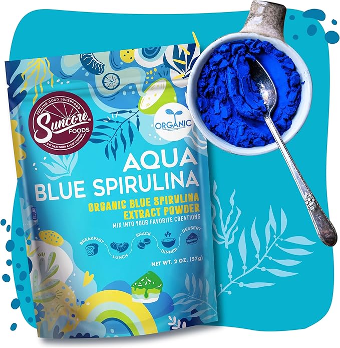 Suncore Foods Organic Aqua Blue Spirulina Powder, 2 oz (1 Bag), Gluten-Free, Non-GMO, Plant-Based