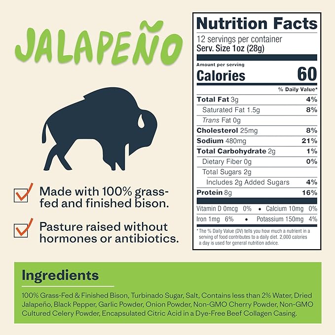 Patagonia Provisions Bison Sticks - Jalapeno | 100% Grass-Fed, 8g of Protein, 60 Calories | No