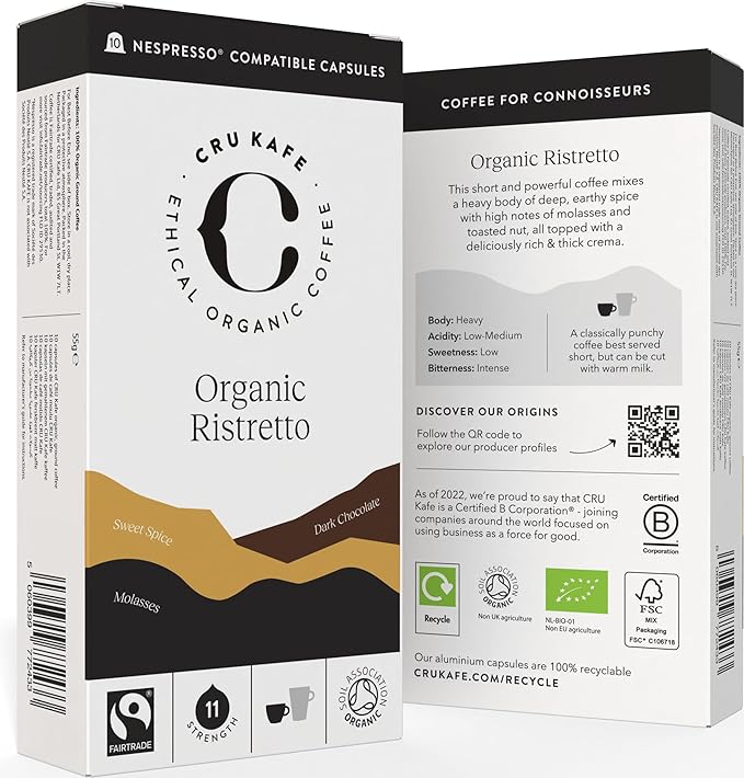 Cru Kafe Ristretto USDA Organic Espresso Coffee Capsules (50 Pods) Fairtrade Coffee Pods Compatible