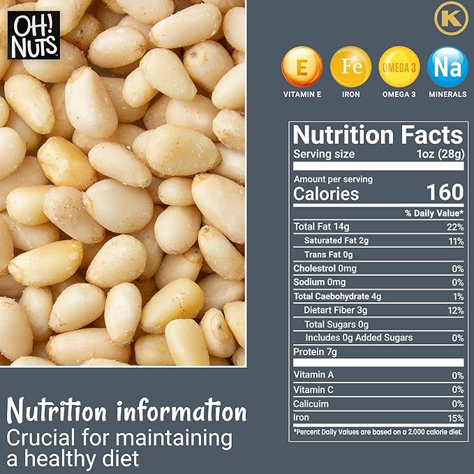 Oh! Nuts Pine Nuts (Pignolias) - Raw - 100% Natural Pine Nuts - 1 lb Bulk Bag - Premium Pignoli