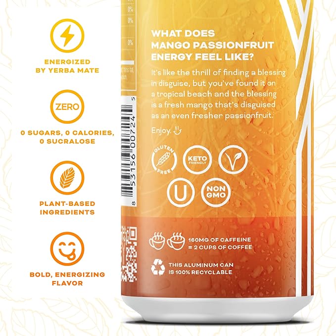 Yerbaé Mango Passion Fruit Functional Energy Drink - 0 Sugar, 0 Calories, 0 Carbs. Yerbae is