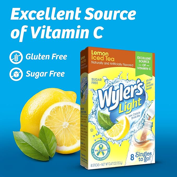 Wyler's Light Singles To Go Powder Packets, Water Drink Mix, Lemon Iced Tea, 96 Single Servings