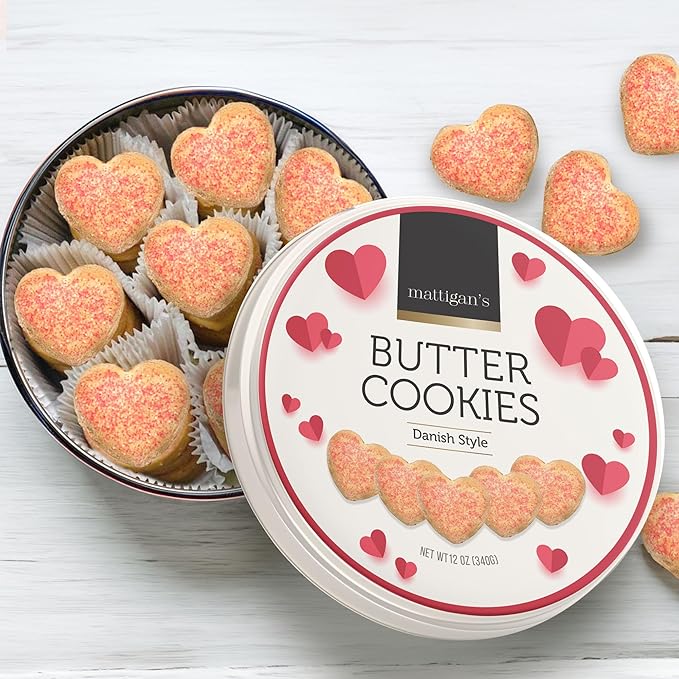 Mattigan's Pink Heart Butter Cookies Danish Style Cookie, 12 Oz Tin, Gourmet Gifts, Holidays