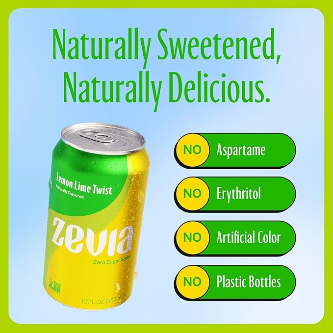 Zevia Zero Sugar Soda, Lemon Lime Twist, 12 oz Cans (24-Pack) ??Naturally Sweetened, Non-GMO