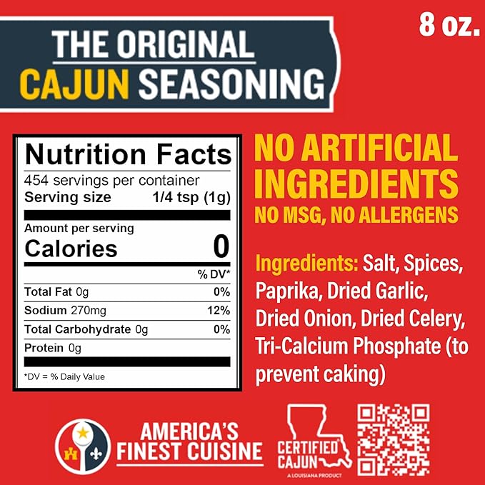 Original Cajun Seasoning - 8 oz, Less Salt, Low Sodium, No MSG, All Natural - Authentic Louisiana