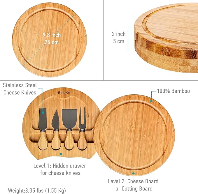 BlauKe Bamboo Cheese Board and Knife Set - 10 inch Round Charcuterie Board, Serving Tray, Platter