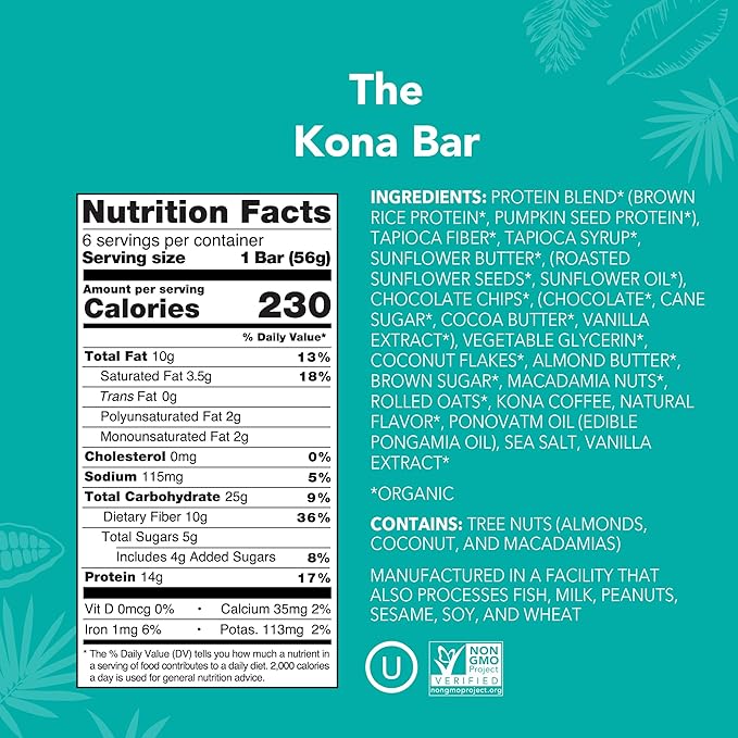 ALOHA Organic Plant Based Protein Bars | The Kona Bar - Special Edition | 6 Count, 1.98oz Bars |