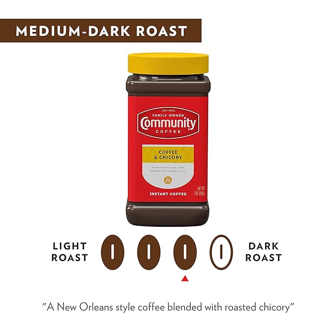 Community Coffee and Chicory Medium Dark Roast Premium Instant 7 Oz Jar, Full Body Rich Flavorful