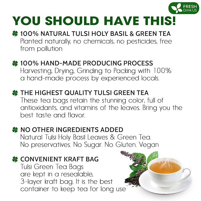 FreshDrinkUS, Premium 55 Tulsi Green Tea Bags, 100% Natural, Blend of Tulsi Holy Basil Leaves, and