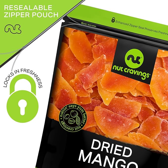 NUT CRAVINGS - Sun Dried Mango Slices, Lightly Sweetened (16oz, 1 LB) Bulk Dry Fruits Packed Fresh