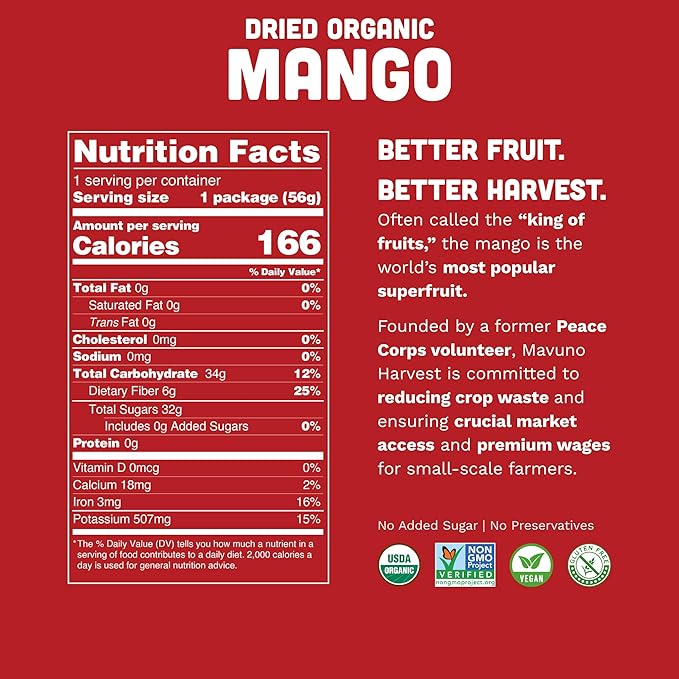 Mavuno Harvest Mango Dried Fruit Snacks | Unsweetened Organic Dried Mango Slices | Gluten Free