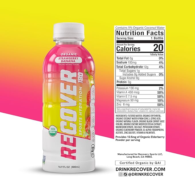 RECOVER 180 Organic Sports Hydration Drink, No Sugar Added, 20 Calorie Sports Beverage, Organic