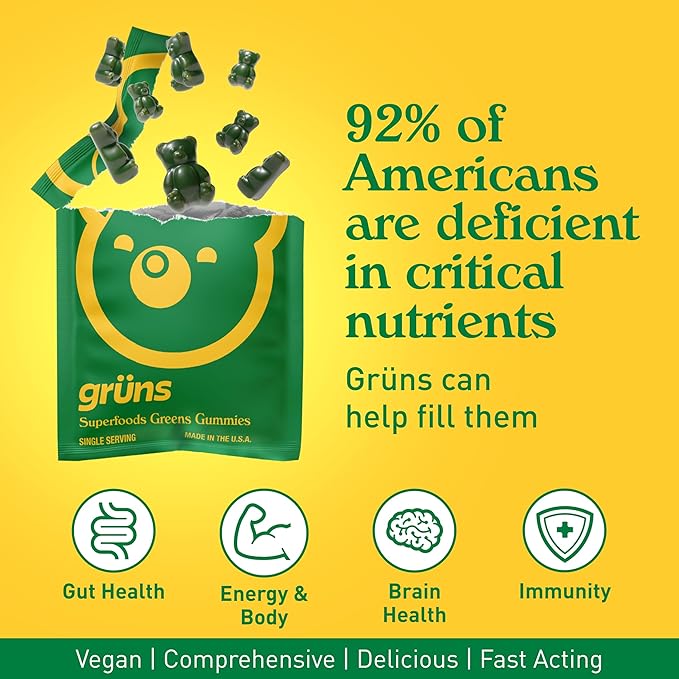 Gruns Adult Sugar-Free Super Greens Gummies, Superfood Gummy Bears with Spirulina, Chlorella, Fiber