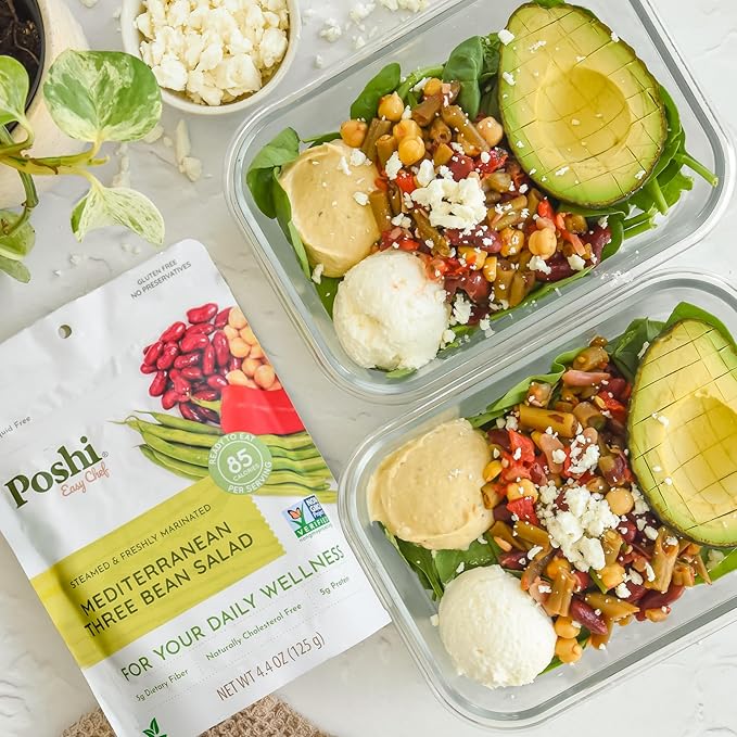 POSHI Mediterranean Three Bean Salad Natural, Keto, Vegan, Non GMO, Low Carb + Calorie, Gluten