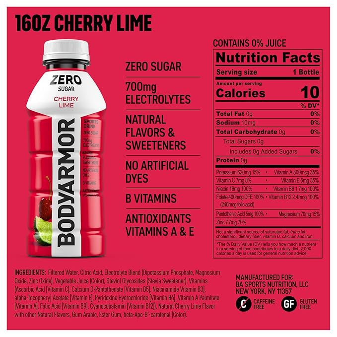 BODYARMOR ZERO Sugar Cherry Lime, Sugar Free Sports Drink - Low-Calorie Hydration - Natural Flavors