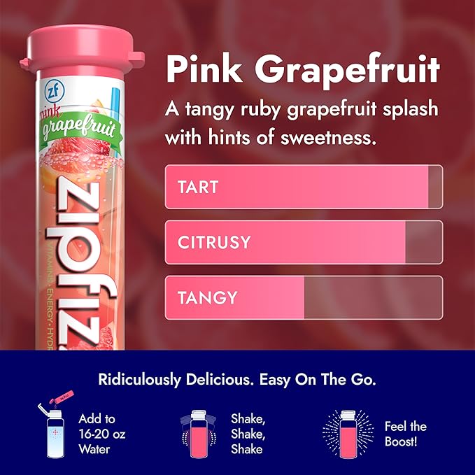 Zipfizz Daily Energy Drink Powder, Pink Grapefruit, 20 Pack | 3-in-1 Sustained Energy, Rapid