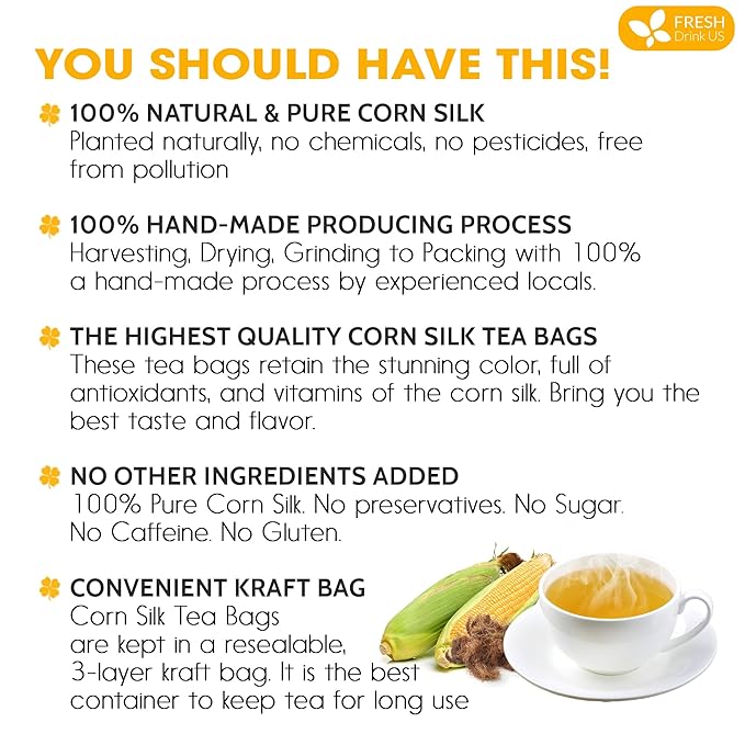 FreshDrinkUS, Premium 135 Tea Bags Corn Silk Tea, 100% Natural & Pure from Corn Silk. Corn Silk