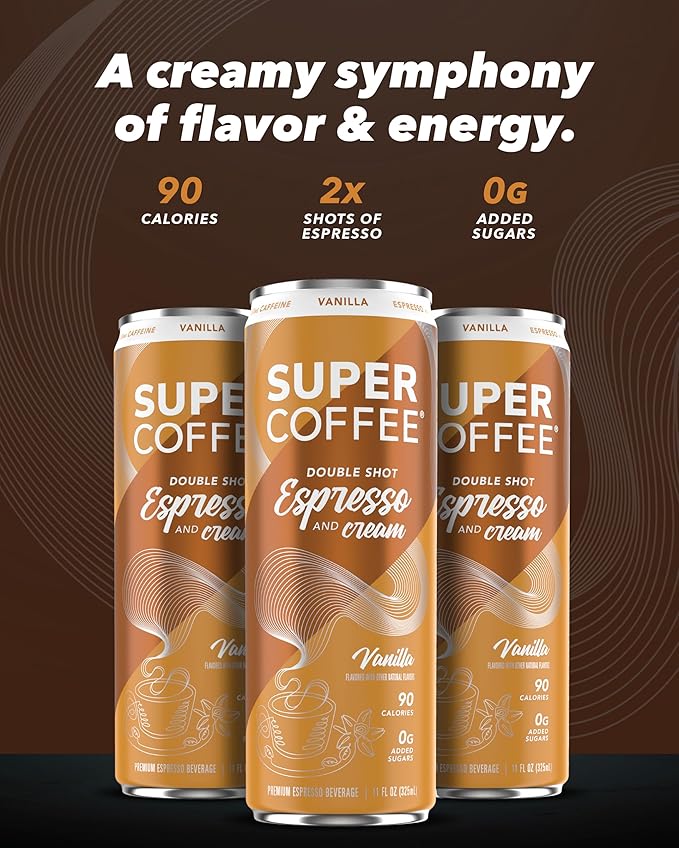SUPER COFFEE Espresso, Iced Keto Coffee (0g Added Sugar, 90 Calories) [Vanilla] 11 Fl Oz, 12 Pack |