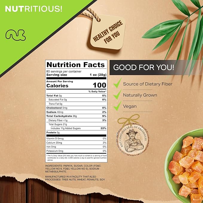 NUT CRAVINGS - Sun Dried Papaya Chunks, Lightly Sweetened (80oz, 5 LB) Bulk Dry Fruits Packed Fresh