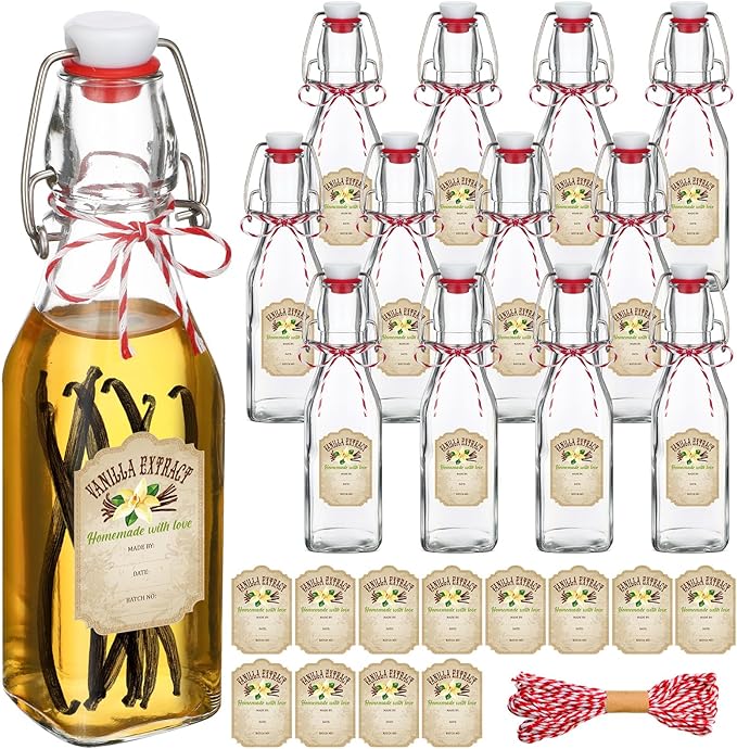 Uiifan 12 Pcs 8 oz Swing Top Clear Square Glass Bottles for Vanilla Extract with Caps and Cotton