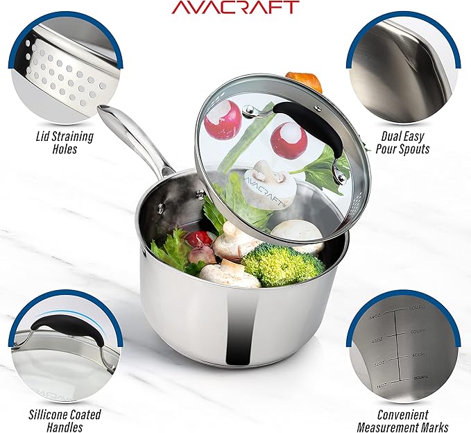 AVACRAFT Stainless Steel Saucepan with Glass Strainer Lid, Two Side Spouts for Easy Pour with