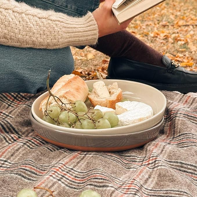 Mora Ceramic Flat Pasta Bowl Set of 4-35oz, Microwave Safe Plate with High Edge for Kitchen and