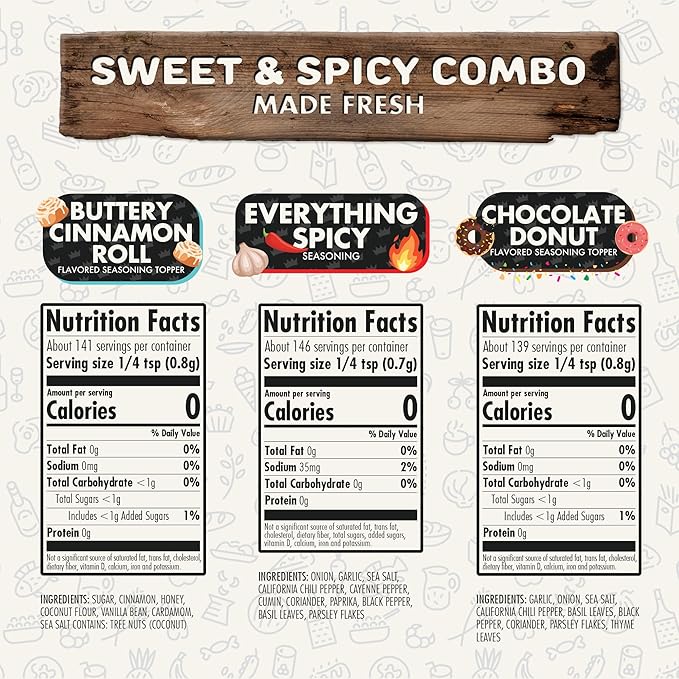 Sweet & Spicy Combo Pack of 3, Spices, Toppers and Seasoning Gift Set - Everything Spicy, Buttery
