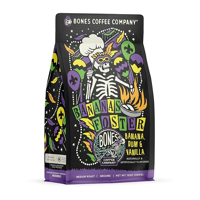 Bones Coffee Company Bananas Foster, Banana, Rum and Vanilla Flavored Coffee, Medium Roast Low Acid