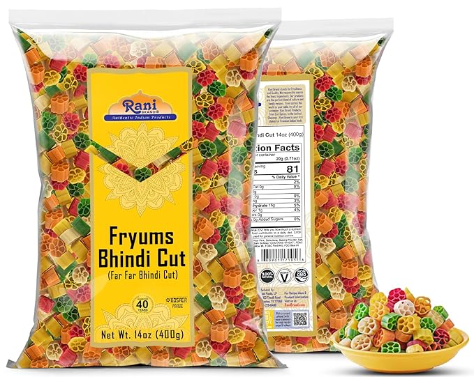 Rani Far Far / Fryums (Wheat & Tapioca Pellet) Bhindi Shape 14oz (400g) ~ Vegan, Kosher, Uncooked