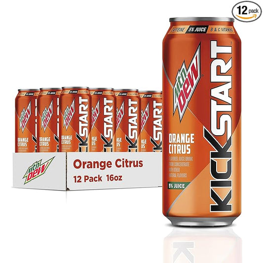 Mountain Dew Kickstart, Orange Citrus, 92mg Caffeine, Vitamins B & C, 80 Calories, 5% Juice, 16 Fl