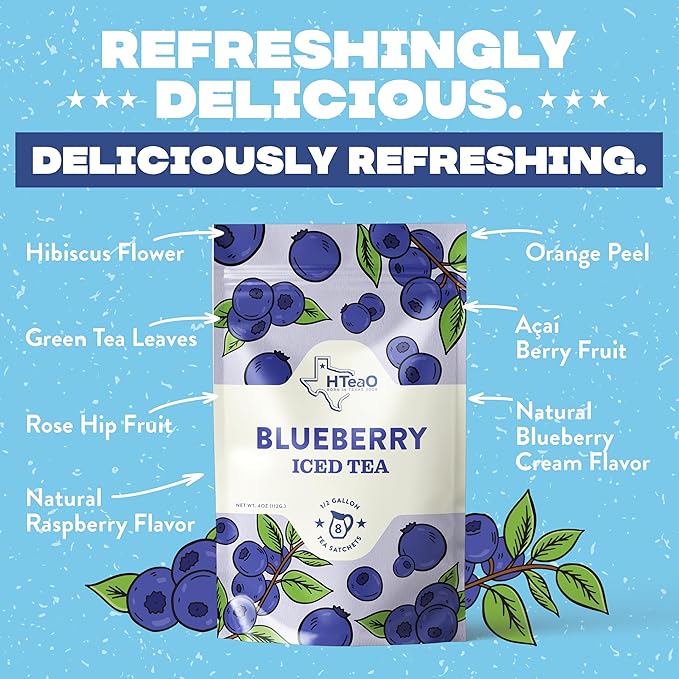 HTeaO Blueberry Green Tea – Texas-Style Flavored Iced Tea Bags for Summer – Instant Ice Tea Packets