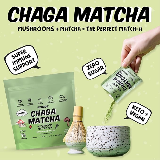 Renude Chaga Matcha - Chaga Mushroom Powder, Superfood Drink Mix with Adaptogens, Ceremonial Grade