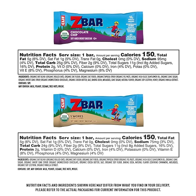 Zbar - Chocolate Chip and S'mores - Variety Pack - Soft Baked Snack Bars - Non-GMO - 11g Whole
