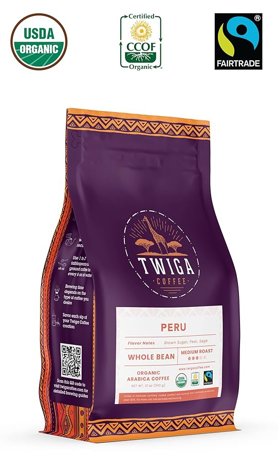 Twiga Coffee Peruvian Coffee Beans ??Medium Roast Arabica Whole Beans with Brown Sugar, Pear & Sage