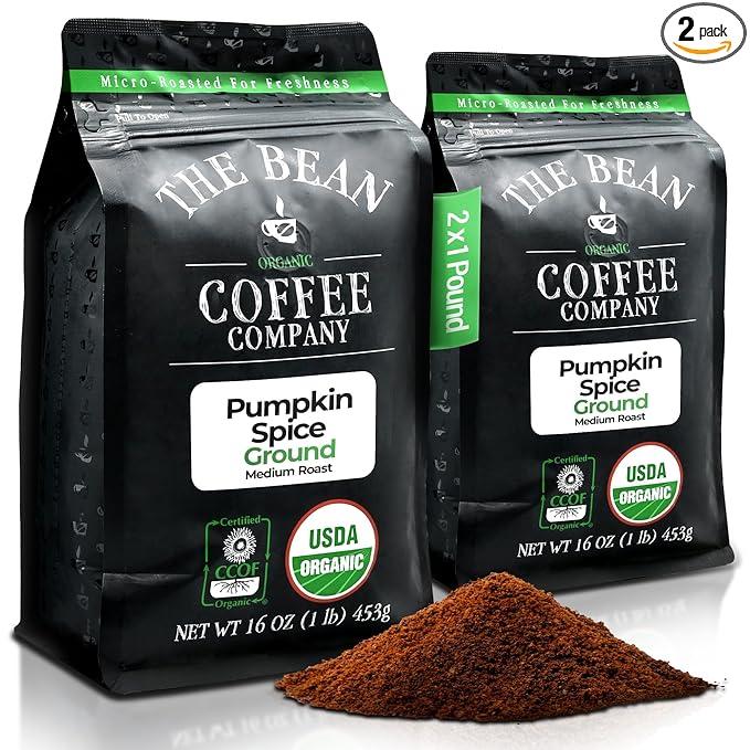 The Bean Organic Coffee Company Pumpkin Spice, Medium Roast, Ground Coffee, 16-Ounce Bags (Pack of
