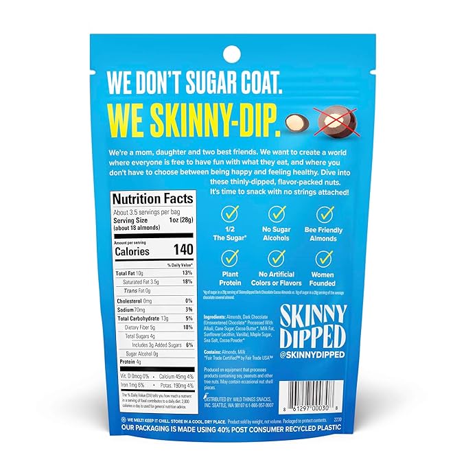 SkinnyDipped Dark Chocolate Cocoa Almonds, Healthy Snack, Plant Protein, Gluten Free, 3.5 oz