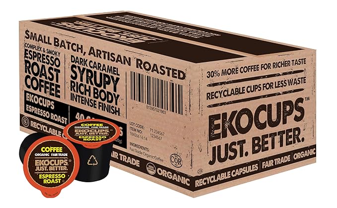 EKOCUPS Organic Espresso Roast Coffee Pods, Extra 30% More Coffee Per Cup, Artisan Fair Trade Dark