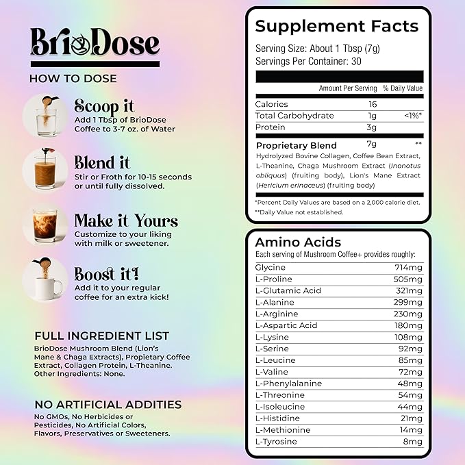 Mushroom Coffee with Grass-Fed Collagen Peptides ??Lion?™s Mane, Chaga & L-Theanine ??45mg Caffeine