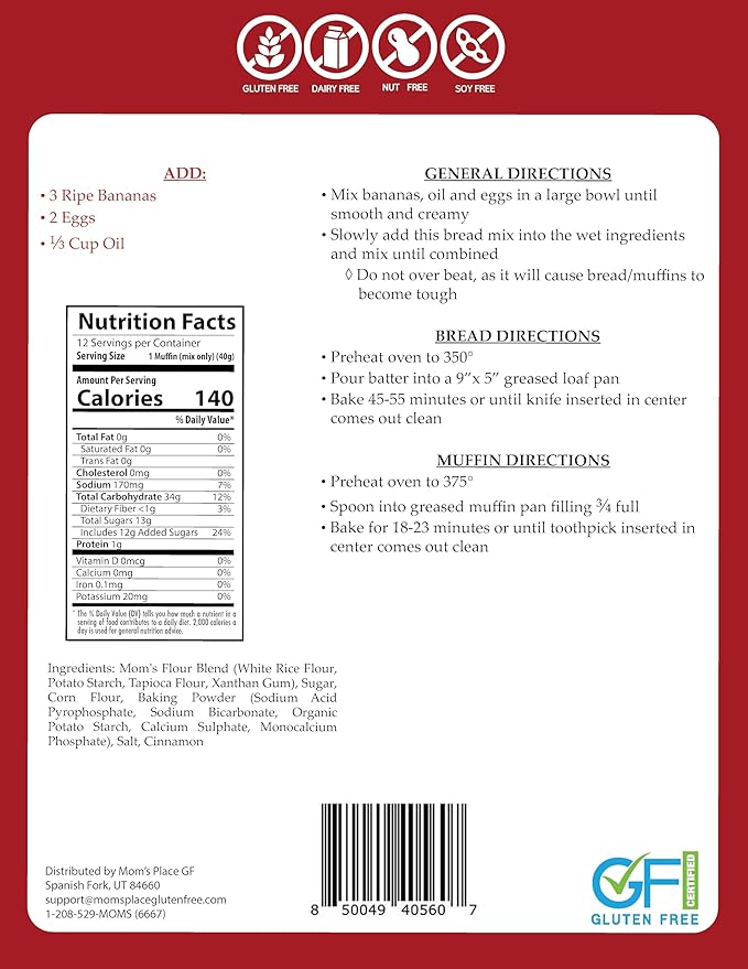 Mom's Place Gluten-Free Banana Bread or Muffin Mix, Nut Free, Dairy Free & Soy Free, Makes 12