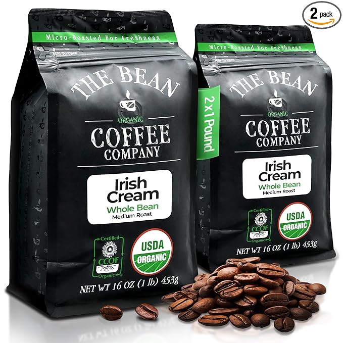 The Bean Organic Coffee Company Irish Cream, Medium Roast, Whole Bean Coffee, 16-Ounce Bags (Pack